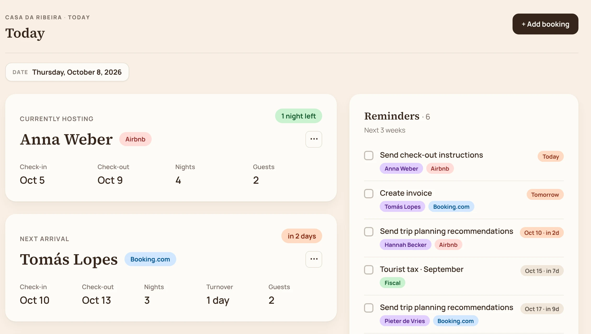 The stay’in Today screen with example data: Anna Weber is in the house, Tomás Lopes arrives in 2 days, and the reminders for the next 3 weeks include the tourist tax and Modelo 30.